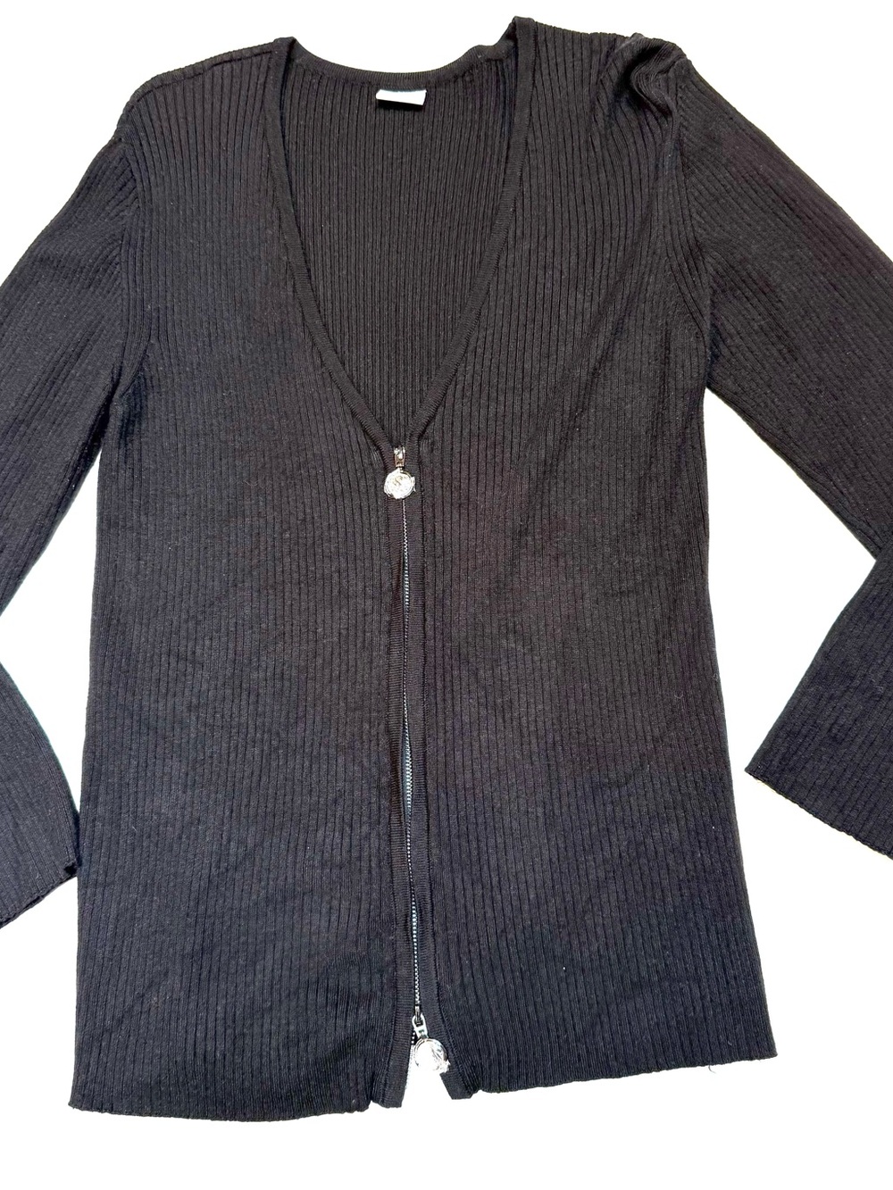 Women's Black Ribbed Zip-Front Cardigan Sweater